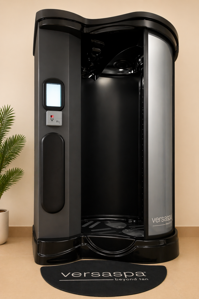 VersaSpa spray tanning booth with open entry and guided foot placement mat