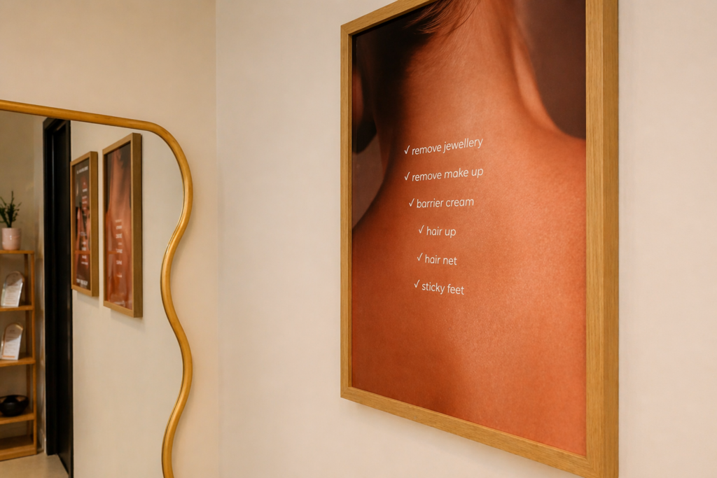 Spray tan prep poster with checklist beside curved mirror
