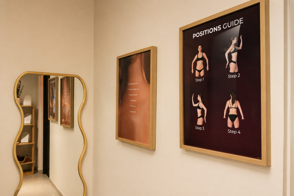 Private spray tanning booth room with tanning machine and preparation area