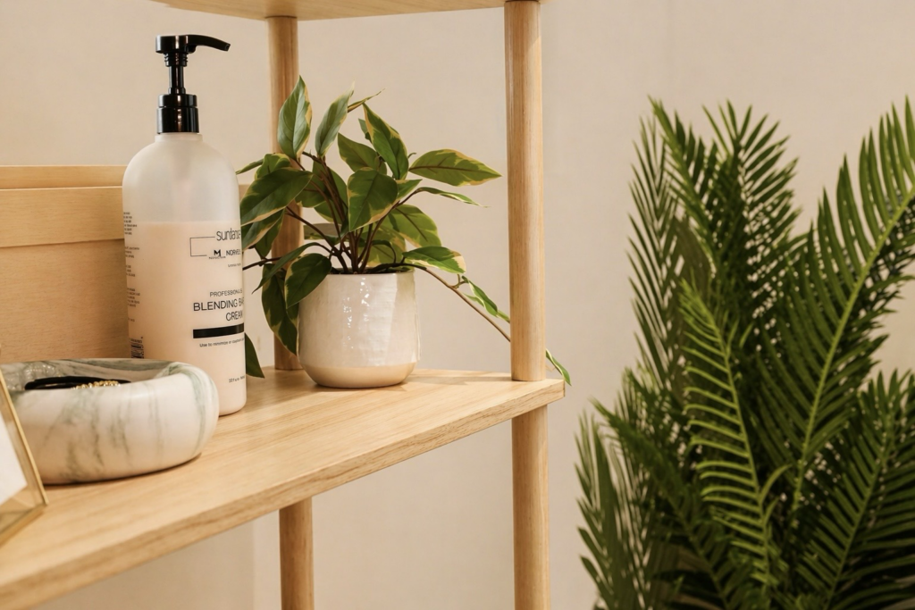 Spray tan preparation shelf with disposable items and aftercare essentials